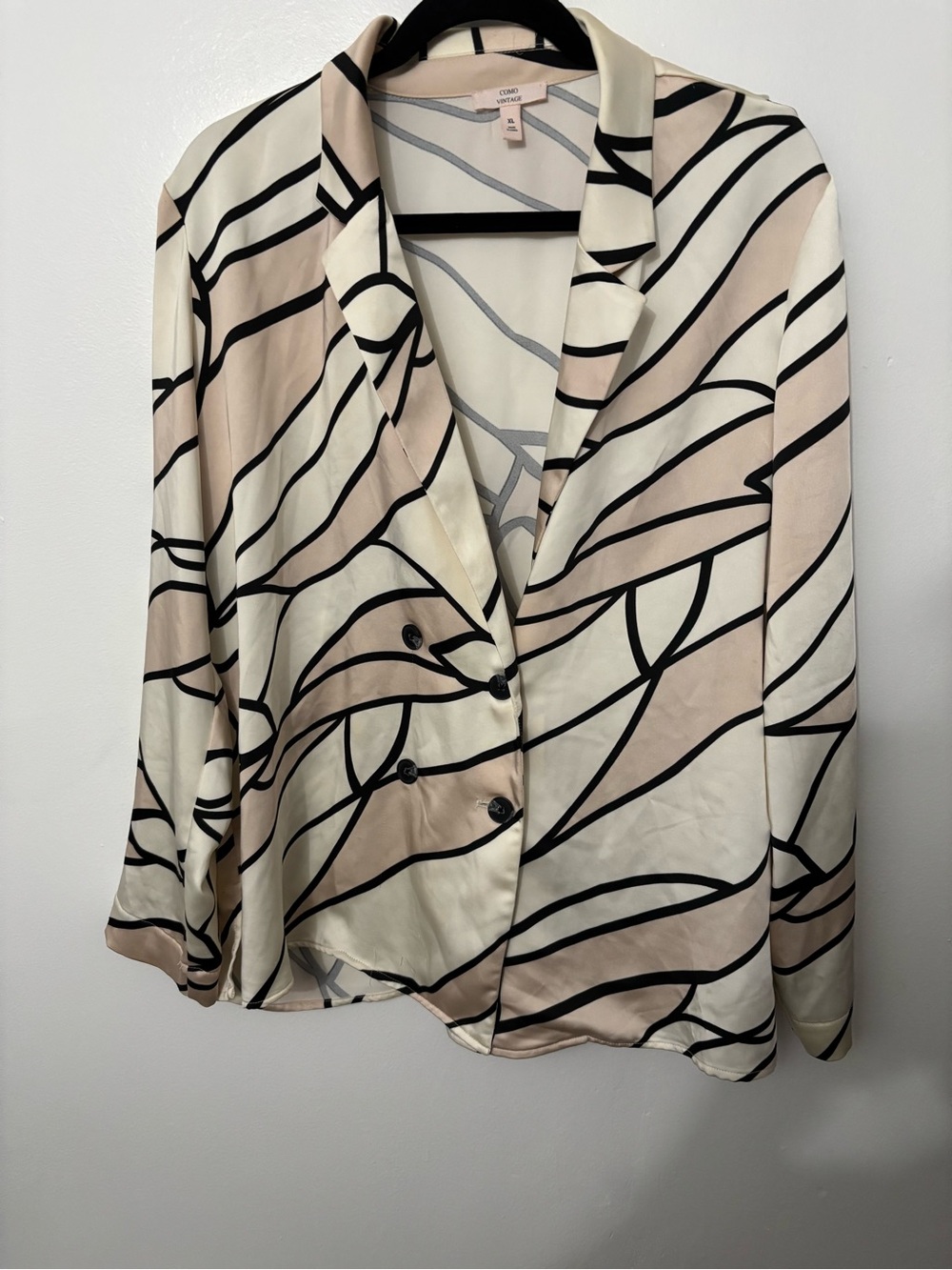 Como Vintage Cream and Beige Abstract-Stripe Double Breasted Button-Front Blouse